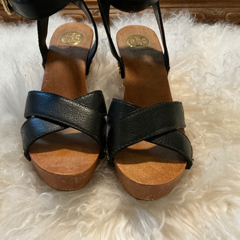Tory Burch Risley Black Leather Wood Wedge Platform Sandal Size 9 GUC